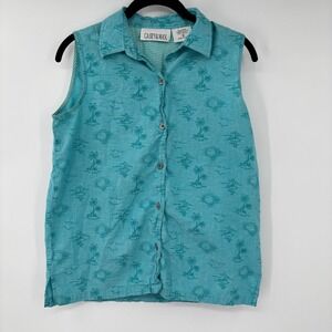 Casey & Max Vintage Turquoise Tropical Palm Sailboat Sleeveless Cotton Shirt S
